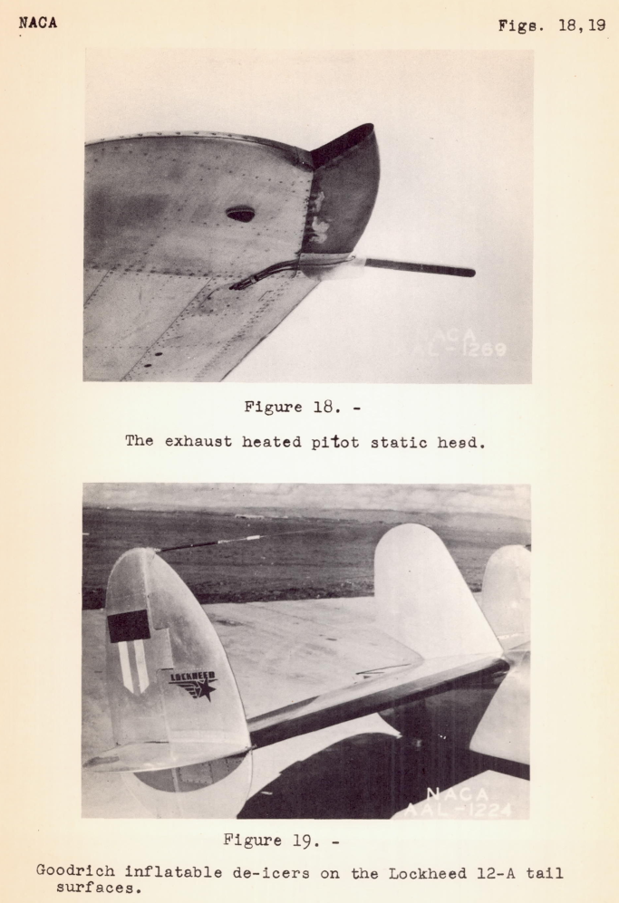 Figure 18. The exhaust heated pitot static head. A tube that projects forward from the wing leading edge.  Figure 19. Goodrich inflatable de-icers on the Lockheed 12-A tail surfaces. Rubber surfaces on the horizontal stabilizer leading edge.